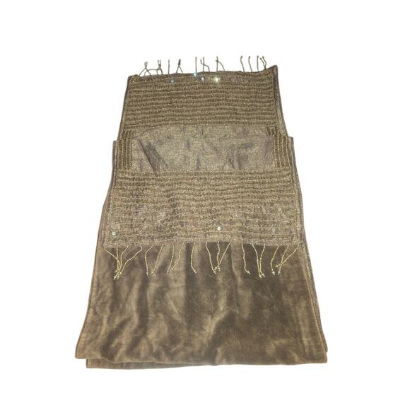 Decorative Chocolate Brown Silk Top Table Runner Beaded Fringe Sequins 70 x 14 - Picture 7 of 7